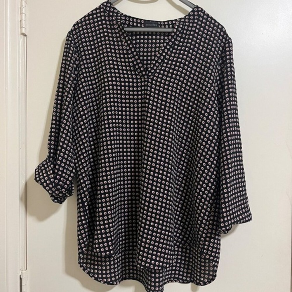 Women Polka Dot Top 1X Button Front Roll Tab Sleeve Teacher Office Casual Preppy